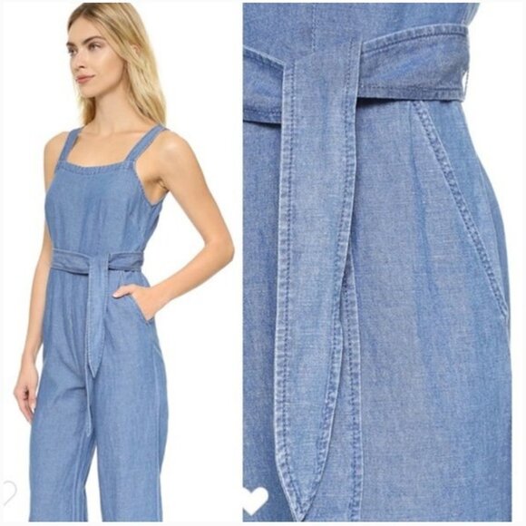 Madewell Blue Cotton Linen Chambray Muralist Wide Leg Jumpsuit with Belt Size 0 - Picture 4 of 16